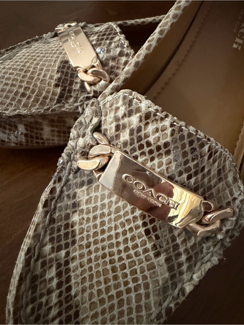 Coach Women’s Snakeskin-Print Loafers in Beige and Brown with Gold Hardware - Picture 4 of 5
